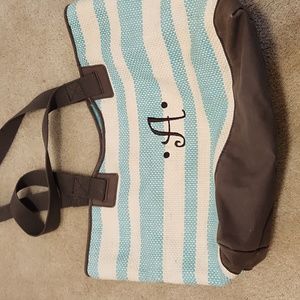 Teal, white, and brown beach bag.